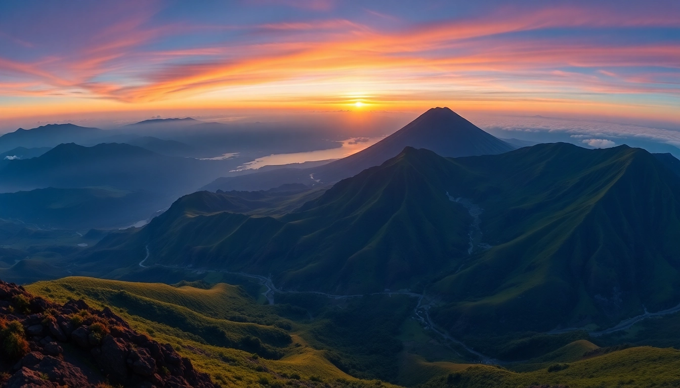Majestic Mt. Rinjani volcanic peak rising over Lombok island, lush greenery, and morning sky, perfect for trekking adventure.