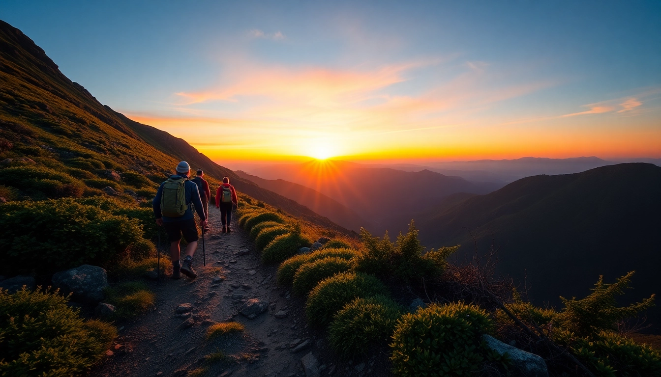 Hiking enthusiasts walking along a scenic trail surrounded by lush forests and mountains, showcasing outdoor adventure and exploration.