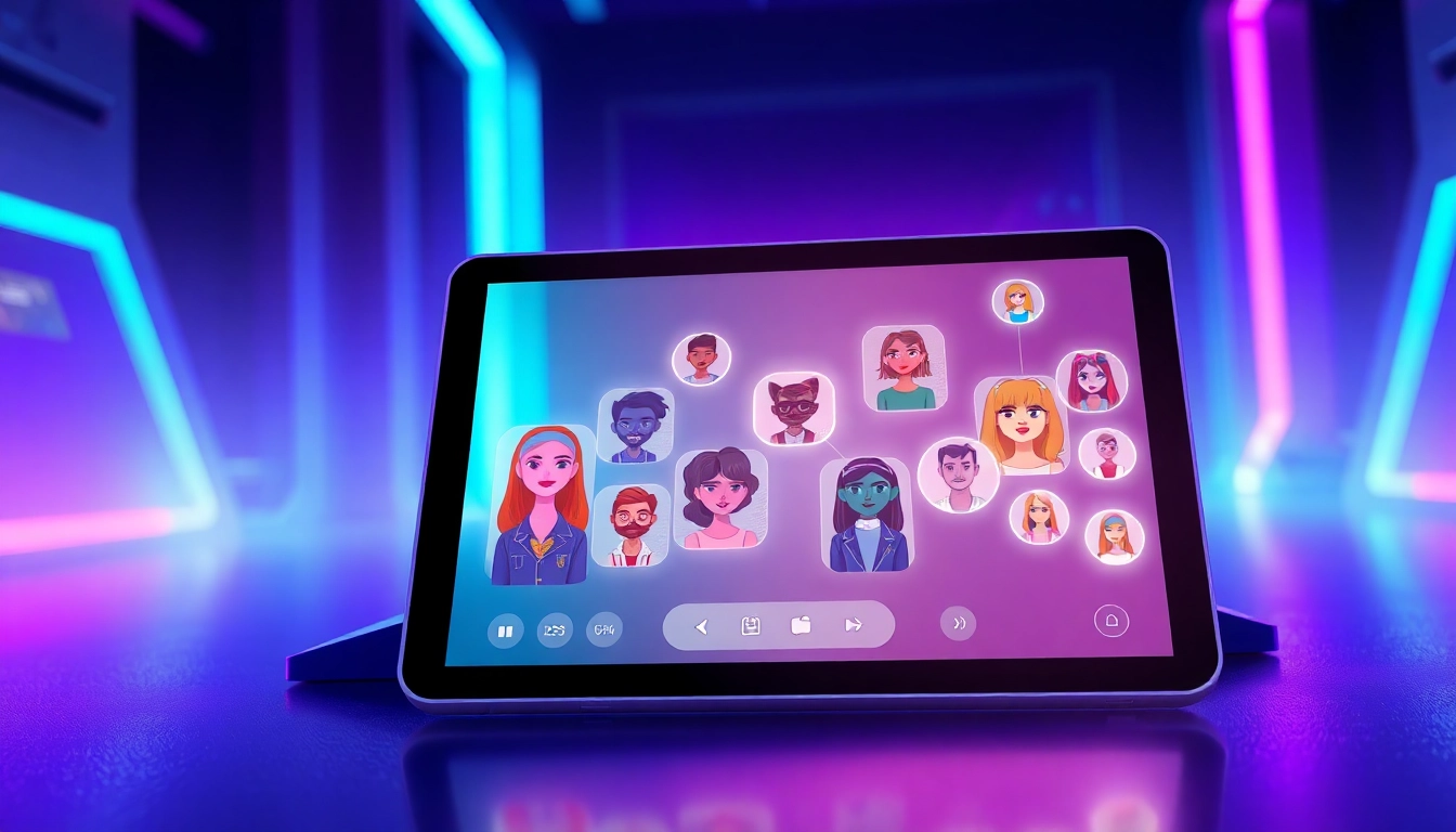 Futuristic chat interface with colorful AI characters on a sleek tablet in a modern tech environment.
