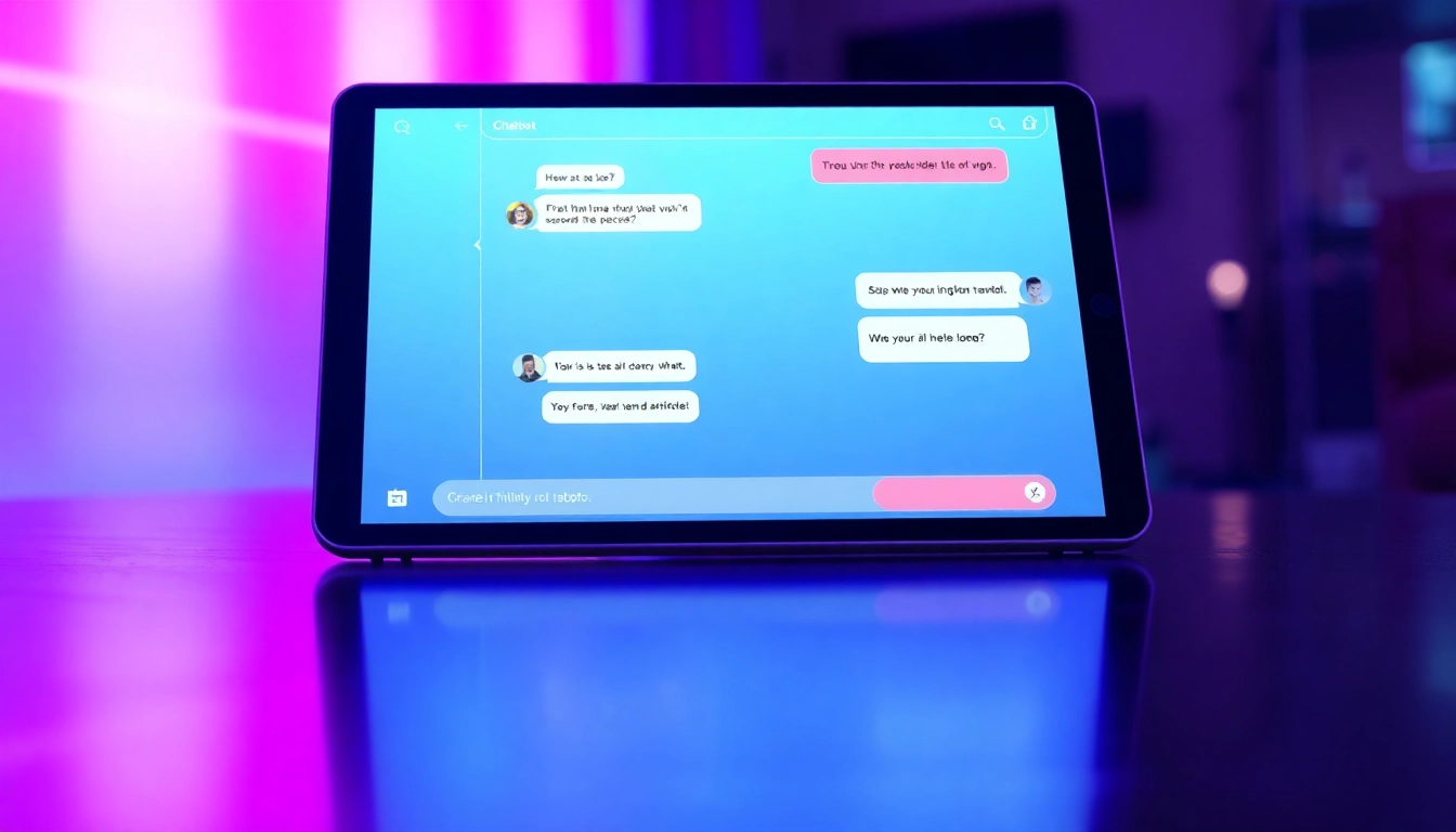 Futuristic chatbot interface on a tablet with vibrant neon background, depicting AI conversation bubbles.
