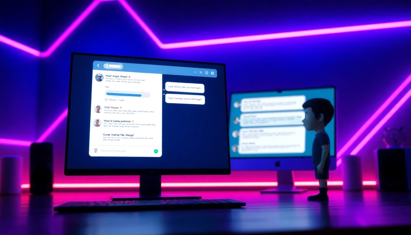 An illustration of a digital chat interface with a customizable AI character, glowing neon accents, and a modern, futuristic design.