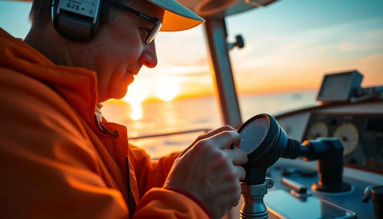 Sharp image of a captain performing Boots Versegelung with a digital compass on a sunny day at
